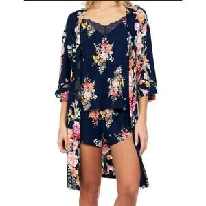 FLORA NIKROOZ 3 Piece Set Navy Floral Robe Tank Shorts Pajamas Womans S